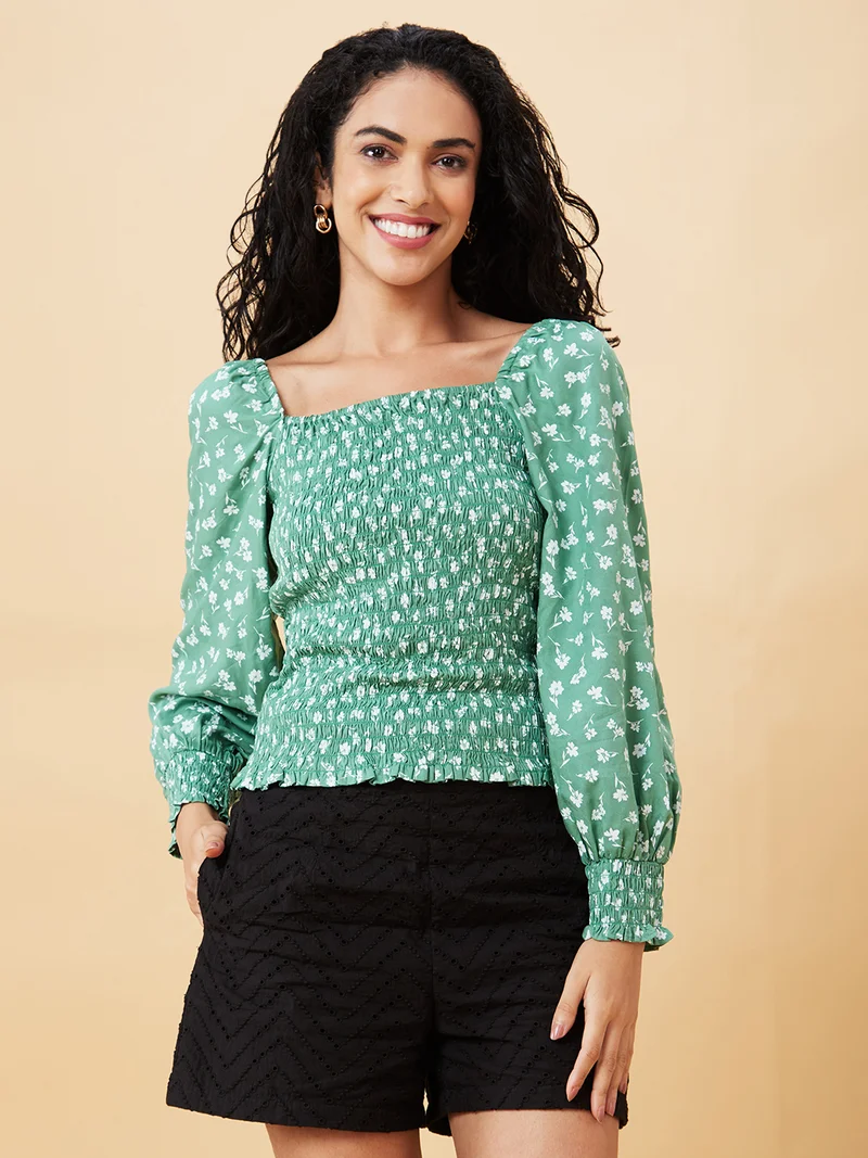 globus Women Green Floral Printed Puff Sleeve Top