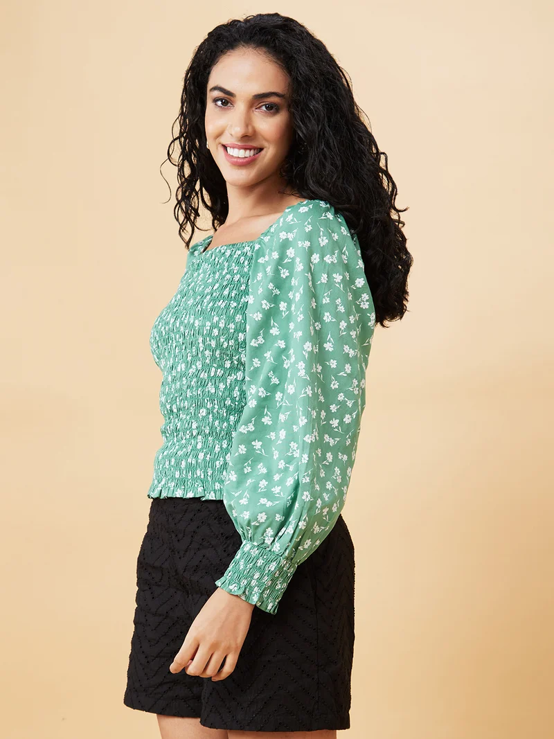 globus Women Green Floral Printed Puff Sleeve Top