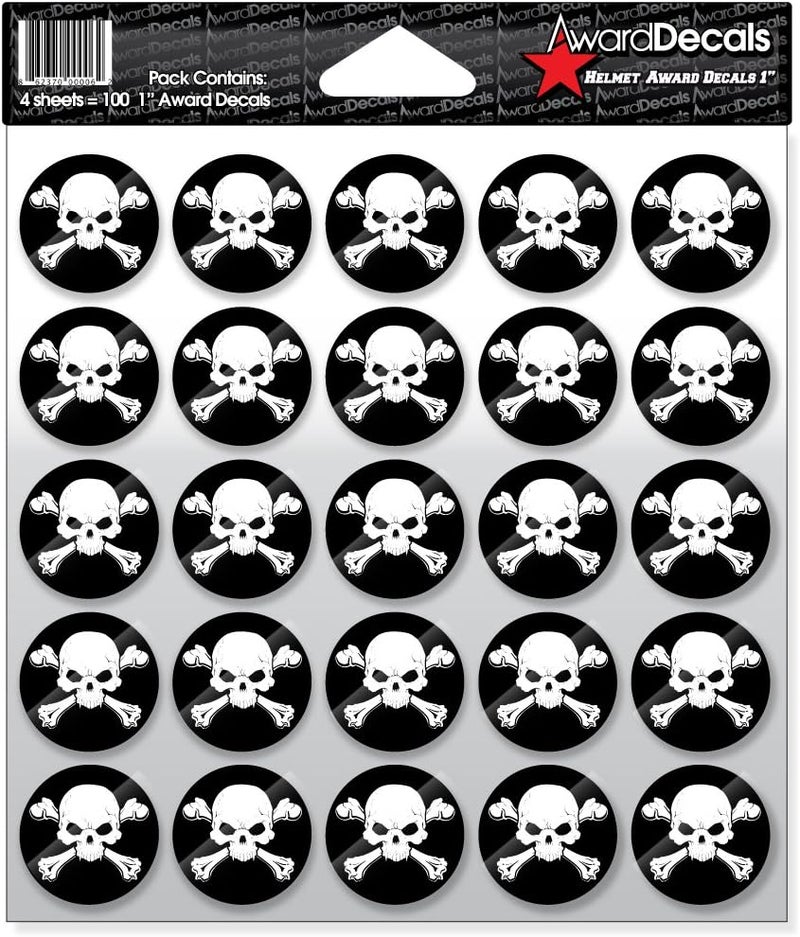 New Skull and Crossbone (White on Black) Sticker Set 1" (100 Decals) The Original Premium 20mil Thick Helmet Decals Made in The USA Since 1976