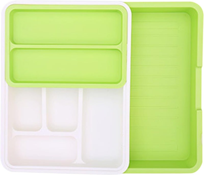 Multi-grid Utensil Box Plastic Cutlery Organizer Green White Compartment Kitchen Storage Drawer Tray Household Flatware Holder for Kitchen and Countertop - Image 1