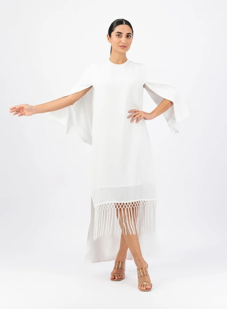 ELVA Women's White Crepe Midi Dress – Cape Sleeves, Elegant Fringe Detail, Open Sleeve Design