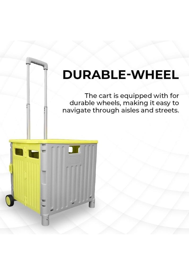 BERRY - Berry 50L Foldable Utility Cart – Portable Rolling Crate with Lid, 40KG Collapsible Basket & 2 Wheels | Multipurpose Shopping Trolley for Shopping, Camping & Moving (Yellow & Grey) - Image 1