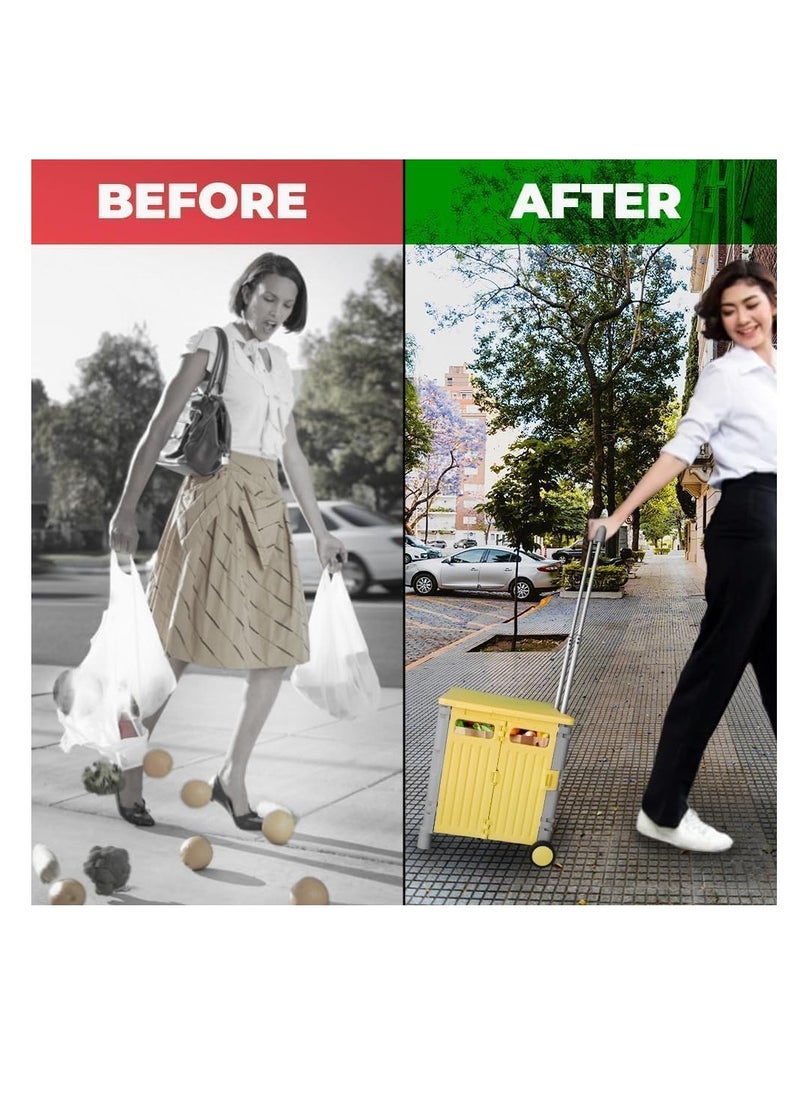 BERRY - Berry 50L Foldable Utility Cart – Portable Rolling Crate with Lid, 40KG Collapsible Basket & 2 Wheels | Multipurpose Shopping Trolley for Shopping, Camping & Moving (Yellow & Grey) - Image 1