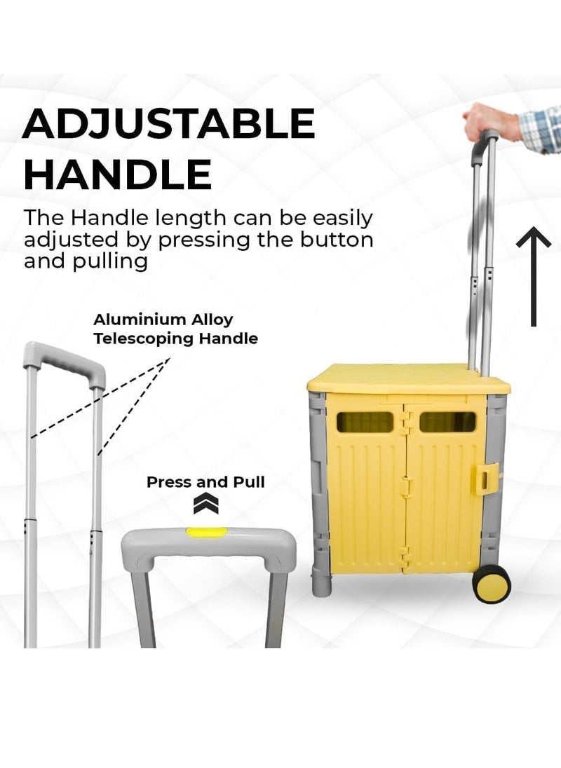 BERRY - Berry 50L Foldable Utility Cart – Portable Rolling Crate with Lid, 40KG Collapsible Basket & 2 Wheels | Multipurpose Shopping Trolley for Shopping, Camping & Moving (Yellow & Grey) - Image 1