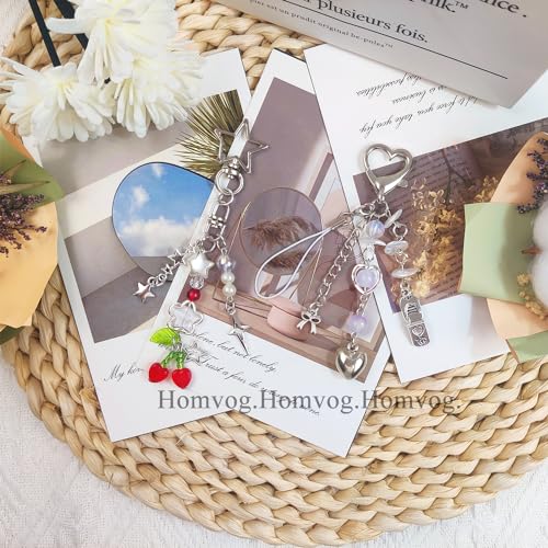 cioatu Cute Keychain Aesthetic Y2K Keychain Accessories Cute Heart Butterfly Strawberry Bear Key Chain for Keys Bags Women Gifts (2PCS Cherry Heart) - Image 2