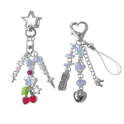 cioatu Cute Keychain Aesthetic Y2K Keychain Accessories Cute Heart Butterfly Strawberry Bear Key Chain for Keys Bags Women Gifts (2PCS Cherry Heart) - Image 1