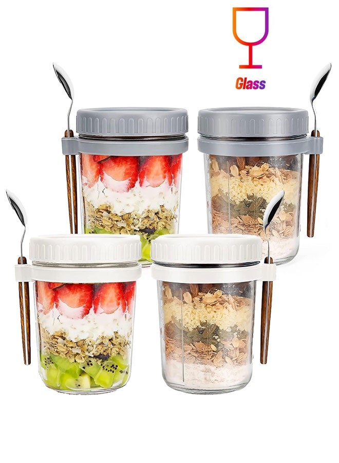 WINEENEE Overnight Oats Jars with Spoon and Lid 350ML [4 Pack], Airtight Oatmeal Container with Measurement Marks, Jars with Lid for Cereal On The Go Container (grey and white) - Image 1