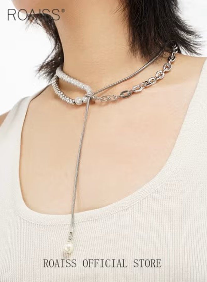 roaiss Women Asymmetrical Pearl Necklace Personalized Design with Pearl and Chain Elements Collarbone Necklace Versatile and Suitable for Work and School also Pairing with Sweaters - Image 1