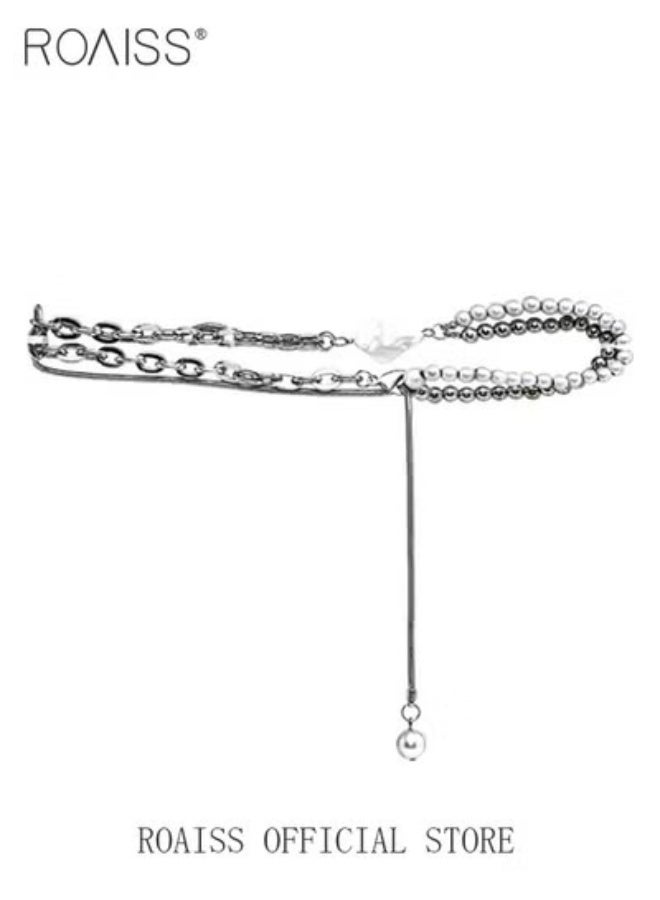 roaiss Women Asymmetrical Pearl Necklace Personalized Design with Pearl and Chain Elements Collarbone Necklace Versatile and Suitable for Work and School also Pairing with Sweaters - Image 2