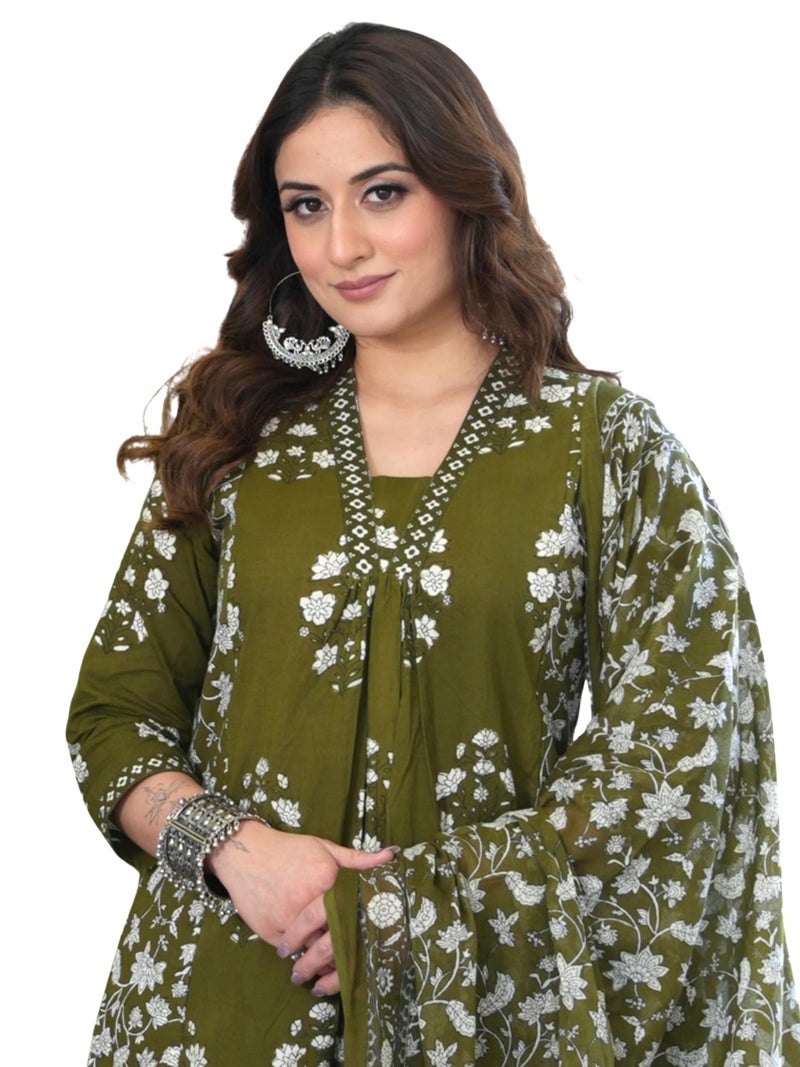Arayna Women's Pure Cotton Block Printed Ethnic Wear Kurta Set with Palazzo Pants & Dupatta - Olive Green, 5X-Large - Image 1
