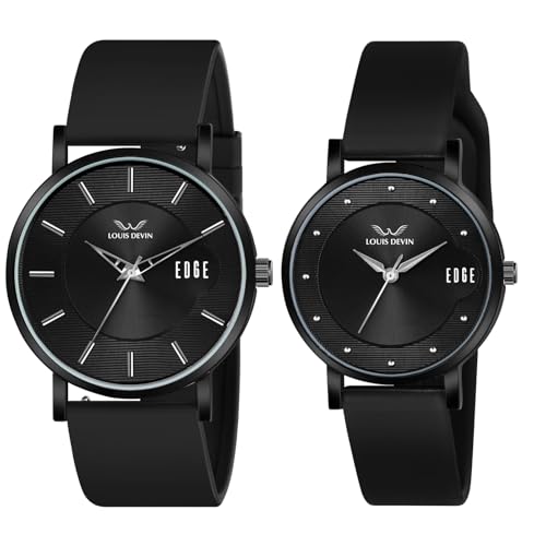 LOUIS DEVIN Black Silicone Strap Analog Wrist Watch for Men and Women (Black Dial) | Set of 2 Wrist Watches | Couple Watches | LDCM-BK092-BLACK - Image 1