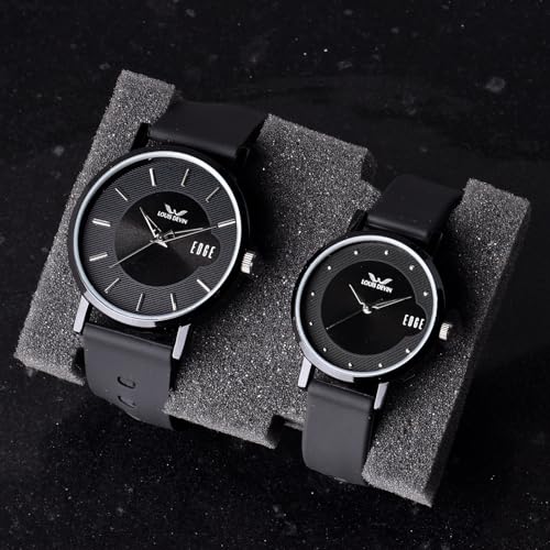 LOUIS DEVIN Black Silicone Strap Analog Wrist Watch for Men and Women (Black Dial) | Set of 2 Wrist Watches | Couple Watches | LDCM-BK092-BLACK - Image 2
