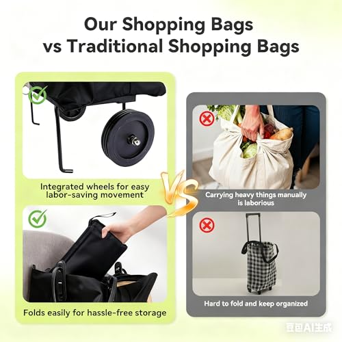 Vikooyes Collapsible Shopping Grocery Bag with Wheels Rolling Tote Bag with Wheels Large Reusable Shopping Bags Foldable Cart (Black) - Image 2