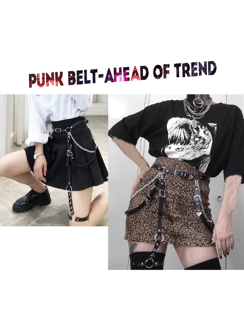 Excefore Waist Chain Black Body Belt, Women Punk Pu Leather Belt with Chain Ladies Rock Waist Belt with Leg Garters for Women and Girls - Image 2