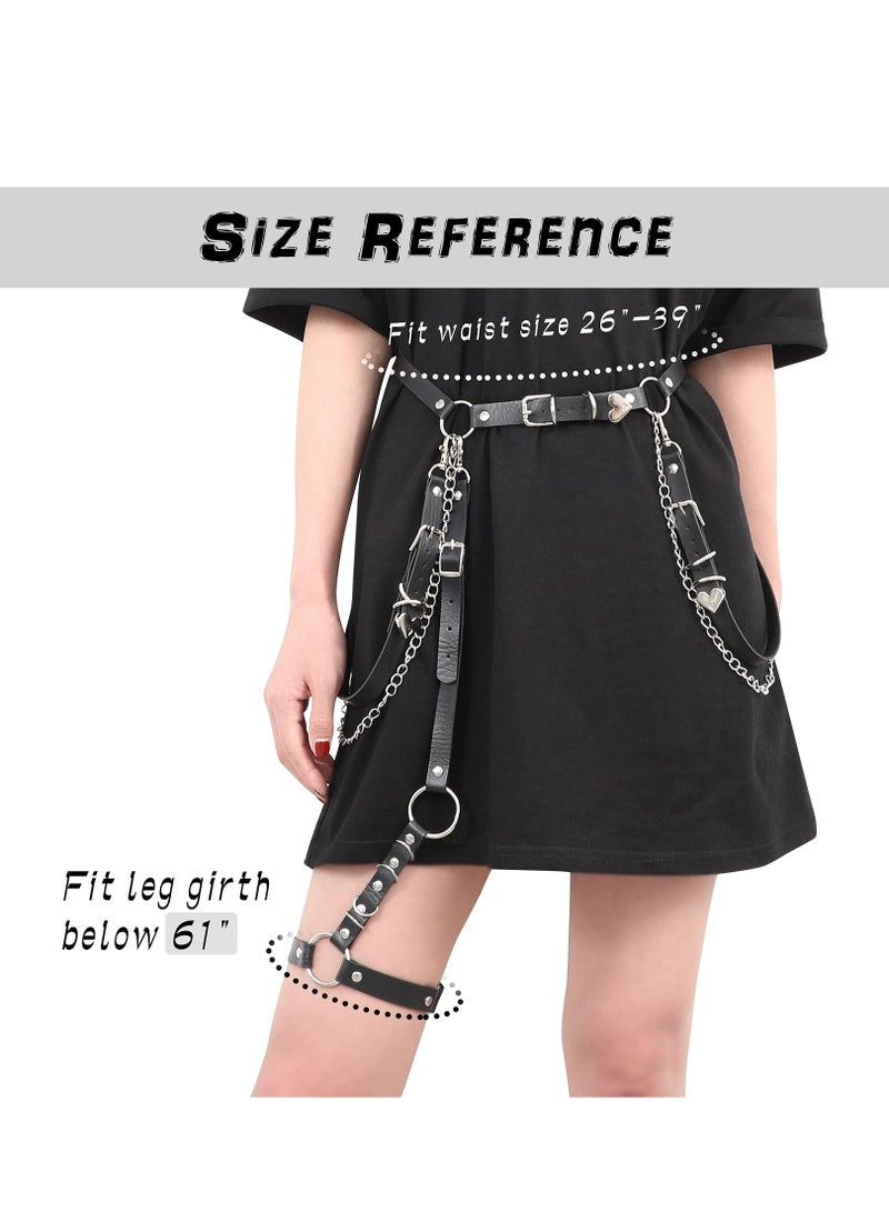 Excefore Waist Chain Black Body Belt, Women Punk Pu Leather Belt with Chain Ladies Rock Waist Belt with Leg Garters for Women and Girls - Image 3