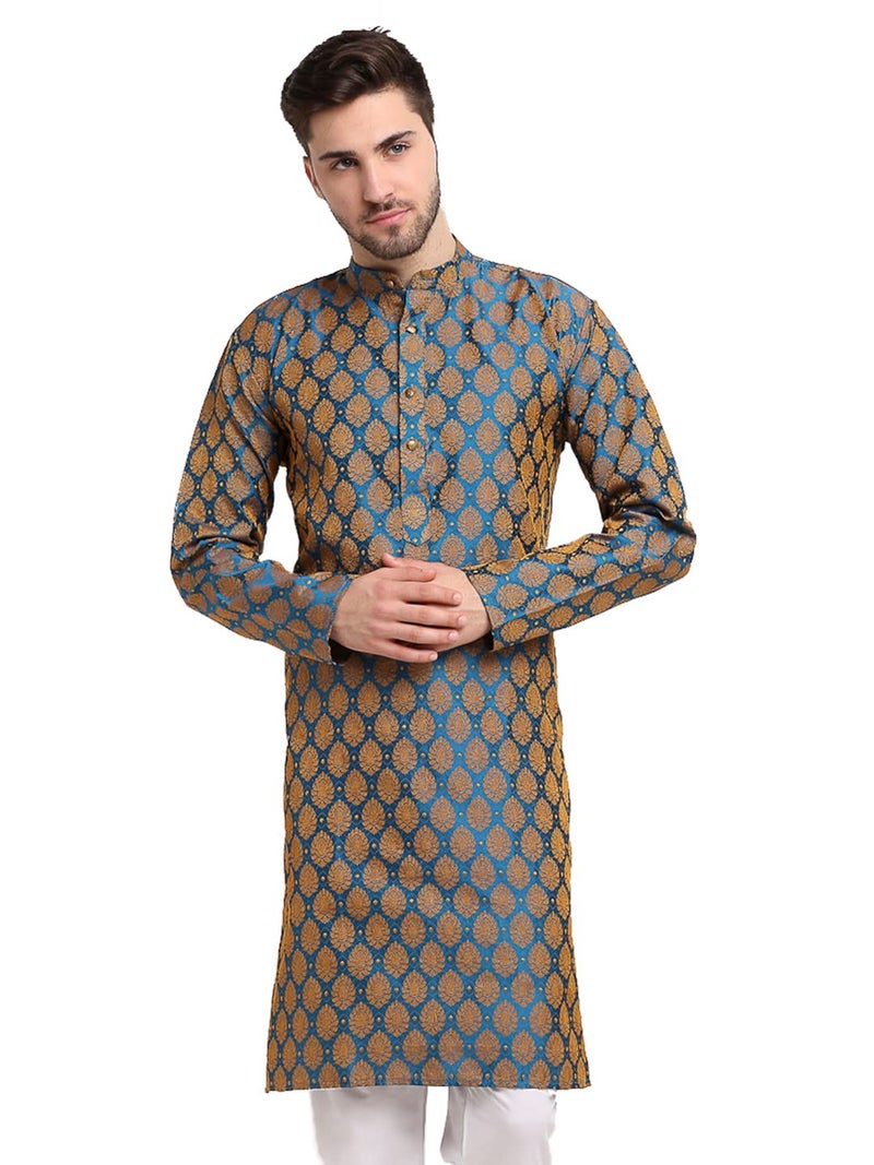 Jompers Men Blue and Gold Jacquard Woven Design Kurta - Image 1