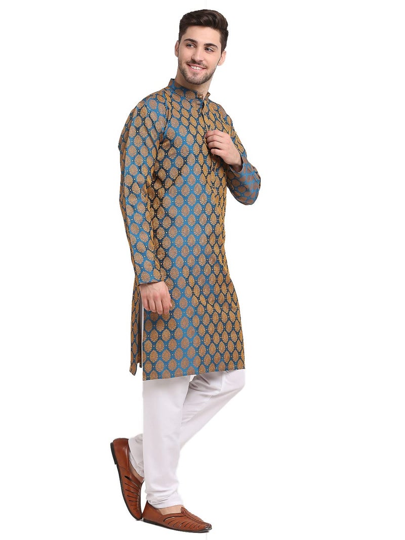 Jompers Men Blue and Gold Jacquard Woven Design Kurta - Image 4