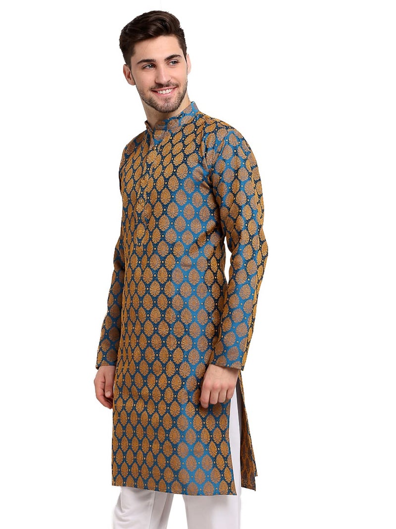 Jompers Men Blue and Gold Jacquard Woven Design Kurta - Image 3