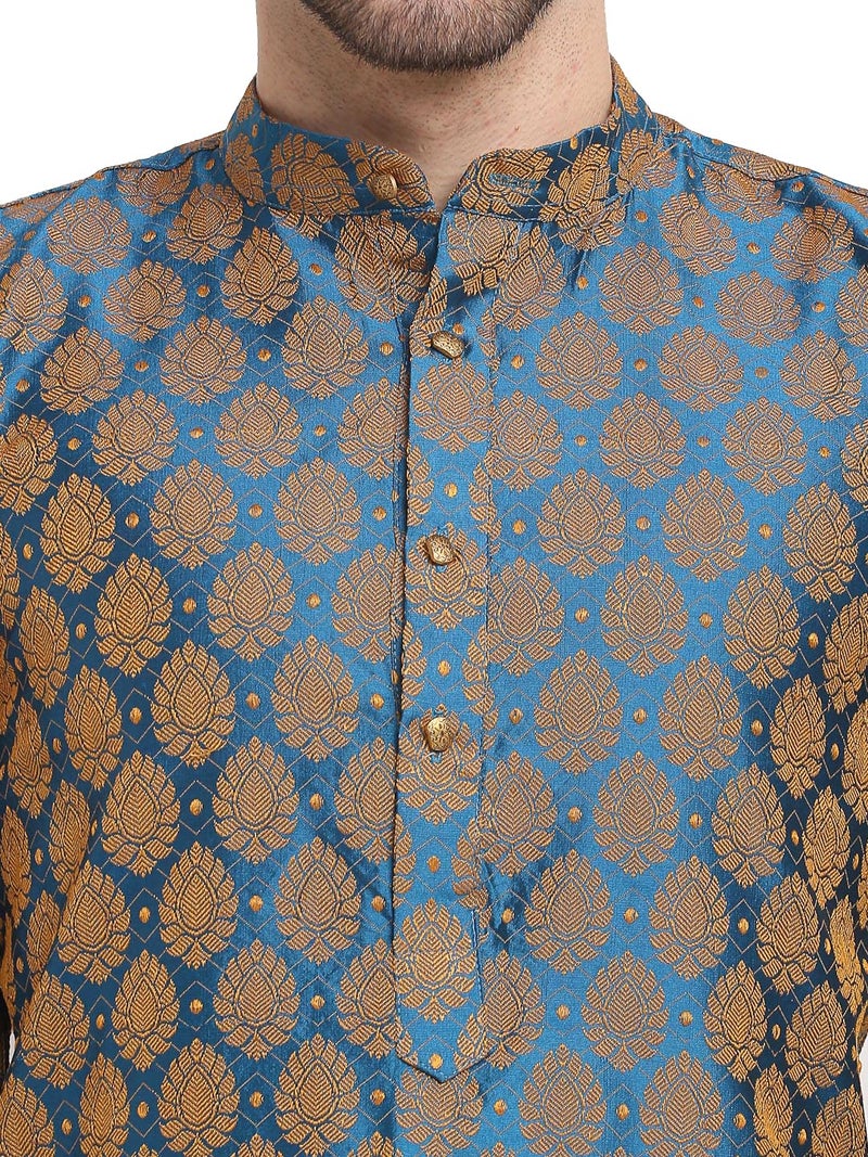 Jompers Men Blue and Gold Jacquard Woven Design Kurta - Image 5