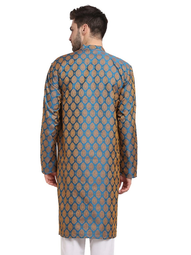 Jompers Men Blue and Gold Jacquard Woven Design Kurta - Image 2