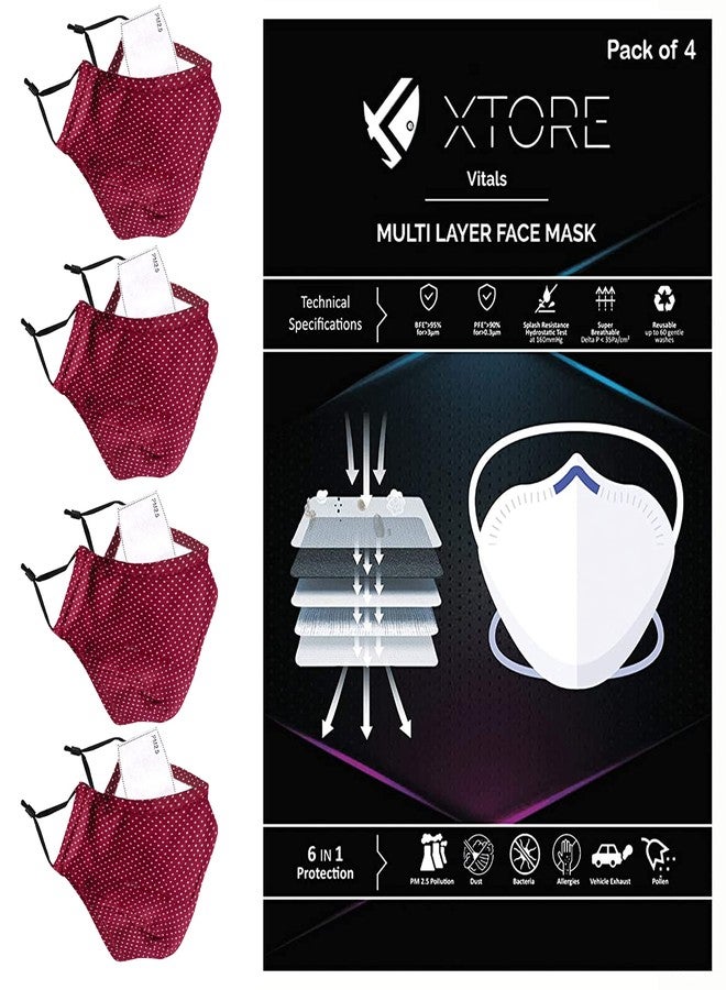 Xtore N-95 FDA CE Certified Antipollution cotton mask | Reusable | Washable | Pack of 4 (Polka dot Maroon) - Image 1