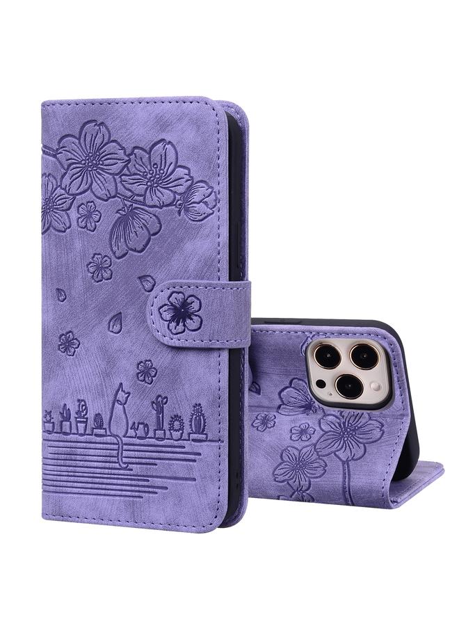 Zaboon Case For iPhone 12 Pro Max Cartoon Sakura Cat Embossed Leather Case - Image 1