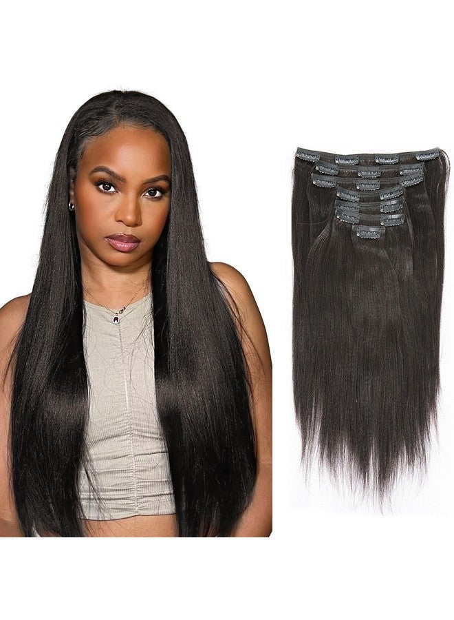 Lacer Light Yaki Clip in Hair Extensions, 16 inch Remy Human Hair Natural Black Thick Yaki Straight Clip ins for African American Woman Relaxed Hair 7 Pieces 120 Gram Per Set - Image 1