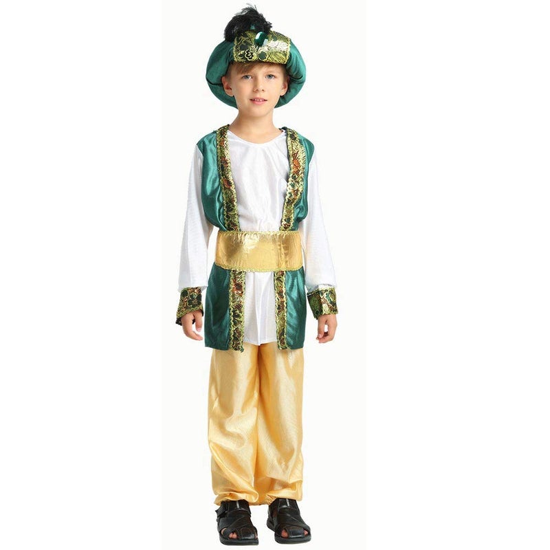 STIOEDYUAN Children's Arab Prince Costume Egypt King Shiek Aladdin Cosplay Boys Arabian Genie Halloween Fancy Dress (Green, 6-8 Years) - Image 2