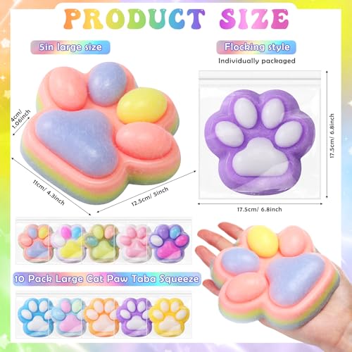 Arrowbash 10 Pack 5 Inch Giant Cat Paw Taba Squeeze Big Cat Paw Squeeze Colorful Large Taba Soft Silicone Handmade Stretchable Springy Gifts for Adult Office Stress Relief Birthday Novelty Plush - Image 5