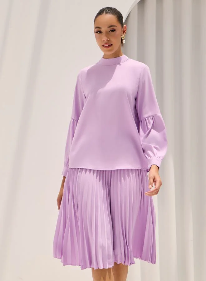 Styli Solid High Neck Top & Pleated Skirt Co-Ords