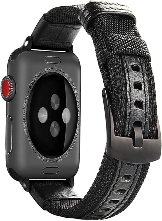 Nylon And Natural Leather Strap With Metal Buckle For Apple IWatch 44- mm Ser 6-Black