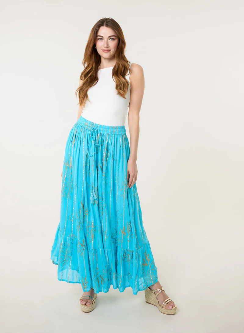 Blue Vanilla Gold Foil Print Peplum Hem Skirt