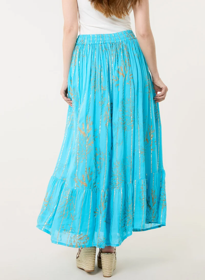 Blue Vanilla Gold Foil Print Peplum Hem Skirt