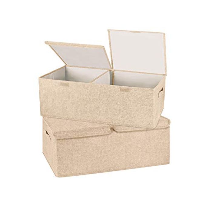 Valease 2 Pack Storage Boxes with Lids and Handles, Collapsible Linen Storage Bins Organizer Containers Baskets Cube with Removable Divider for Home Bedroom Closet Office (Khaki, Small)