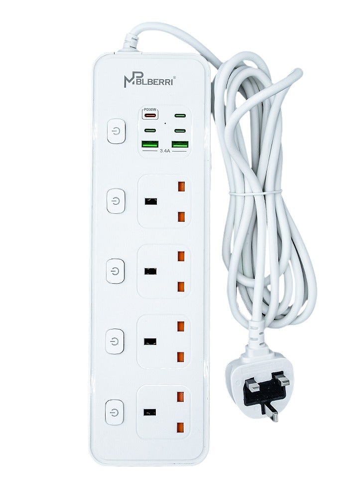 MP BLBERRI mpBLBERRI BLB-EX852 Power Socket 3250w 3 Meter White | 4 Sockets | 4 PD Output | 2 USB Output - Image 1