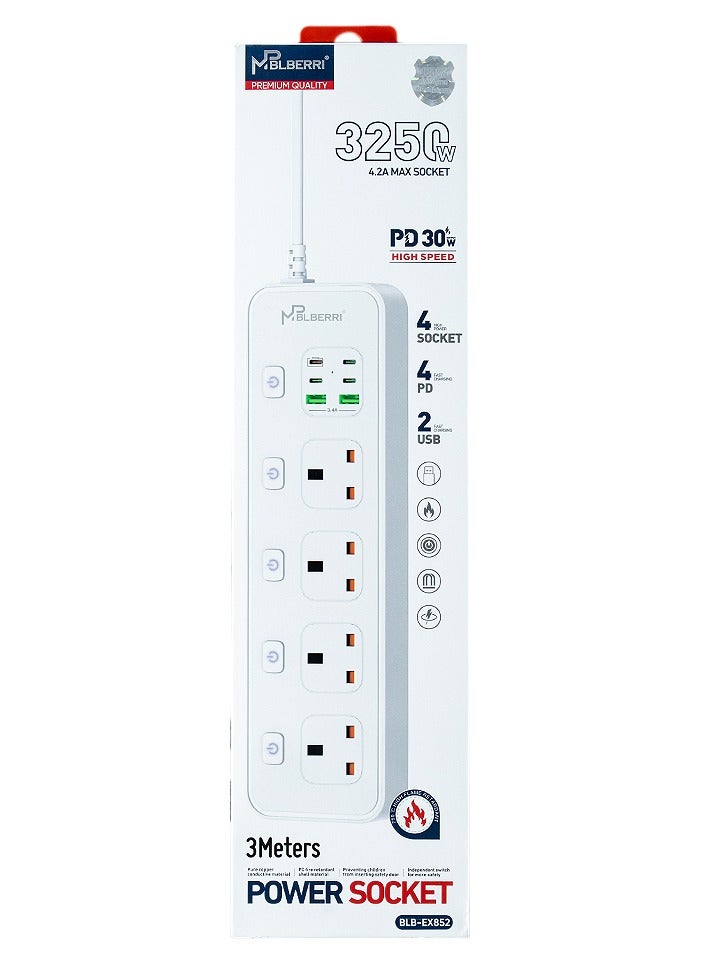 MP BLBERRI mpBLBERRI BLB-EX852 Power Socket 3250w 3 Meter White | 4 Sockets | 4 PD Output | 2 USB Output - Image 5