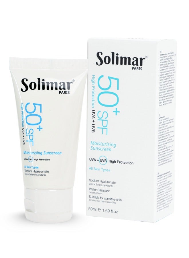 Solimar Paris Moisturizer Sunscreen SPF 50+ Cream 50ml – 2-in-1 Hydrating Face Cream with Broad-Spectrum Sun Protection | Invisible Finish | Fast absorption - Image 1