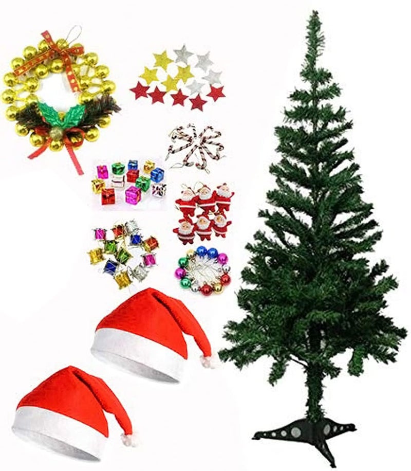 Evisha 4 feet Christmas Tree 2 Santa Caps One Golden Small Wreath and 60 Pcs Tree Hanging Ornaments 2 caps Combo for Christmas Tree Decoration Xmas Tree Xmas Tree Decorations Xmas Decorations Tree - Image 1