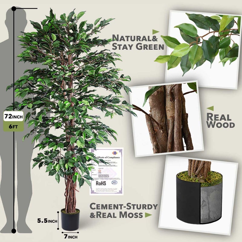 Aveyas 6ft Artificial Ficus Tree for Home Decor, 6 Feet Faux Plant Fake Silk Trees with Pot for Indoor Outdoor House Living Room Office Garden (6 ft Tall) - Image 2