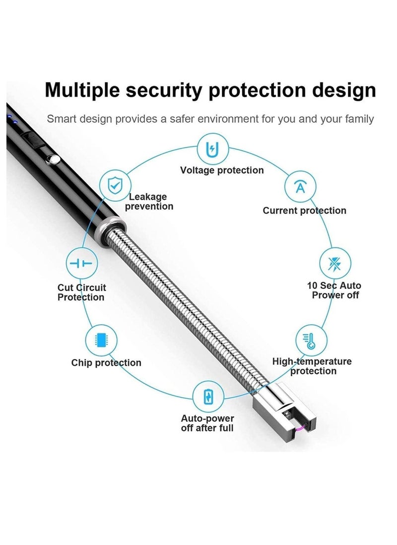 ECARES® Arc Lighter, Plasma Lighter, Flexible and Long Neck, Flameless, Wind & Weatherproof, Safety Lock, LED Battery Indicator, Rechargeable, USB, For Candles, Kitchen, Gas Stove, Birthday, Barbecue, Grill, Camping, Fireworks, Black