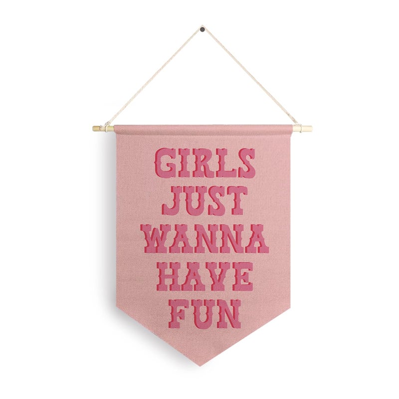 Qpenm Girls Just Wanna Have Fun Hanging Wall Canvas Banner,Pink Girls Hanging Pennant Flag Prints for Bedroom Teen Girls, Pink Girls Room Decor, Pink Stuff for Girls poster&prints - Image 1