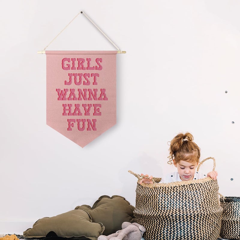 Qpenm Girls Just Wanna Have Fun Hanging Wall Canvas Banner,Pink Girls Hanging Pennant Flag Prints for Bedroom Teen Girls, Pink Girls Room Decor, Pink Stuff for Girls poster&prints - Image 3