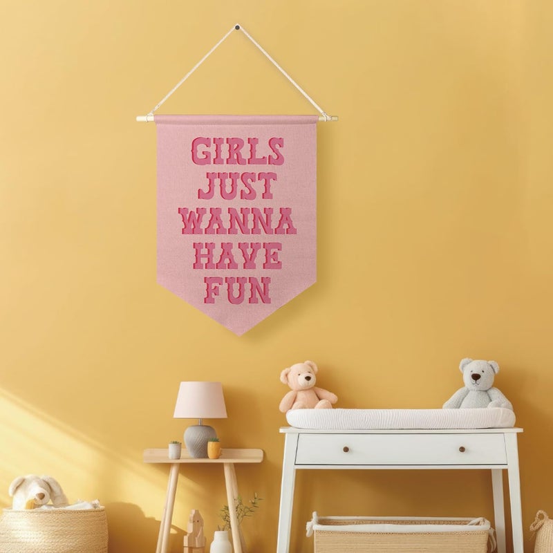 Qpenm Girls Just Wanna Have Fun Hanging Wall Canvas Banner,Pink Girls Hanging Pennant Flag Prints for Bedroom Teen Girls, Pink Girls Room Decor, Pink Stuff for Girls poster&prints - Image 5