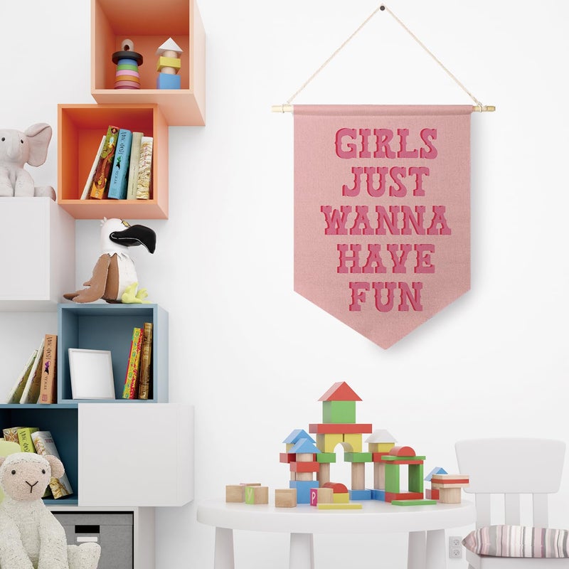 Qpenm Girls Just Wanna Have Fun Hanging Wall Canvas Banner,Pink Girls Hanging Pennant Flag Prints for Bedroom Teen Girls, Pink Girls Room Decor, Pink Stuff for Girls poster&prints - Image 2