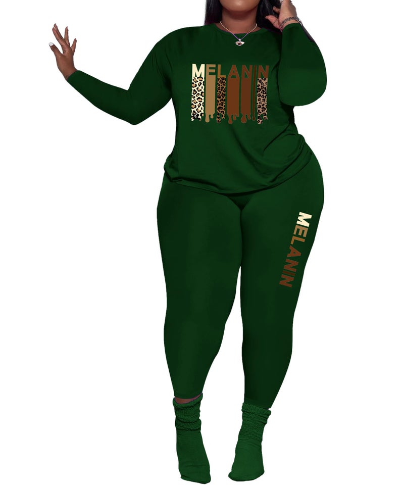 PINSV Women's Plus Size 2 Piece Outfits Tracksuits Long Sleeve Top Pants Sets Loungewear Sweatsuits Green Letter Print 4XL - Image 1