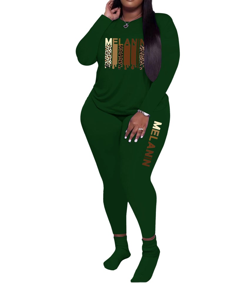 PINSV Women's Plus Size 2 Piece Outfits Tracksuits Long Sleeve Top Pants Sets Loungewear Sweatsuits Green Letter Print 4XL - Image 3