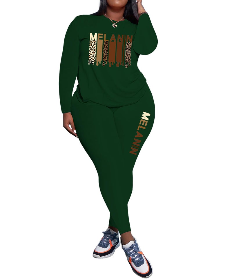 PINSV Women's Plus Size 2 Piece Outfits Tracksuits Long Sleeve Top Pants Sets Loungewear Sweatsuits Green Letter Print 4XL - Image 2