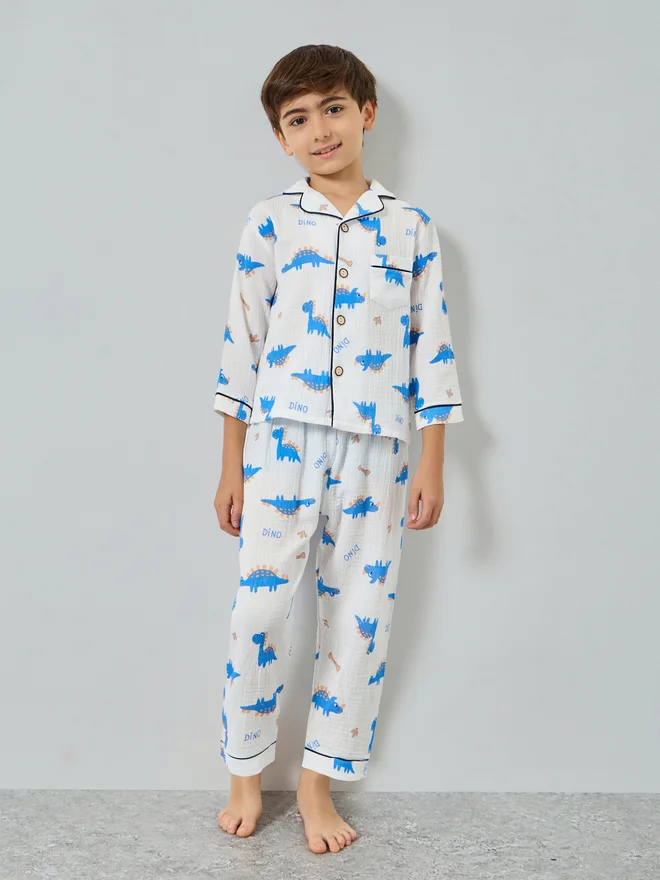 ستايلي Styli Boys Dino Print Button Front Shirt and Pjyama Set