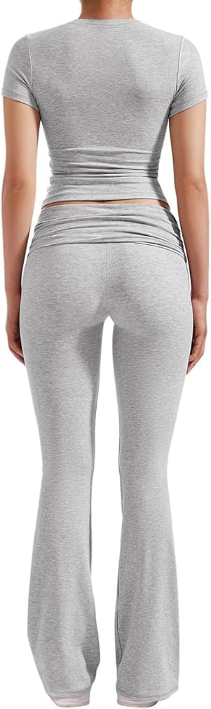 ZFLM Casual Workout Two Piece Outfits for Women Short Sleeve Crop High Waist Foldover Flare Pants Tracksuit Sets Streetwear - Image 4