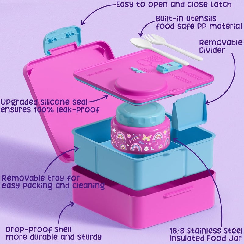Fimibuke Kids Bento Lunch Box, Leakproof Toddler Bento Box with 8.5 OZ Insulated Food Jar, Lunch Bag, Kids Water Bottle, 3 or 4 Compartment Container for Back to School Toddler Girls Boys - Image 3